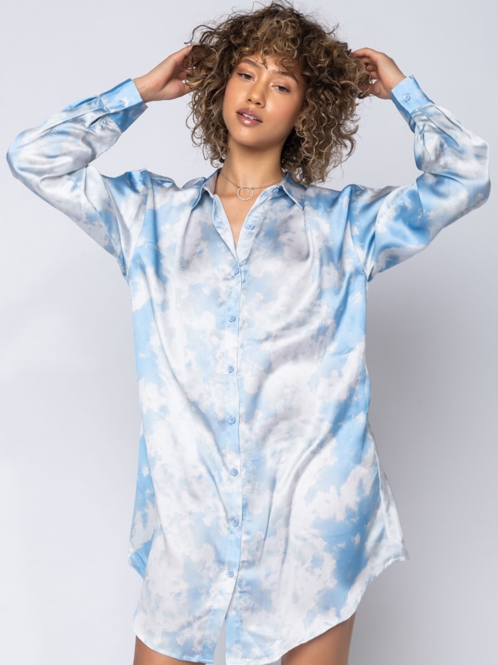 AKIRA Sky-Print Satin Corset Dress in Light Blue - Picture 4 of 17